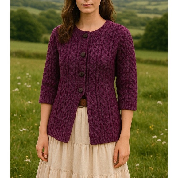 Kilronan Knitwear Sweaters - Kilronan Ireland 100% Merino Wool Purple XS Cardigan Cable Knit Aran Irish